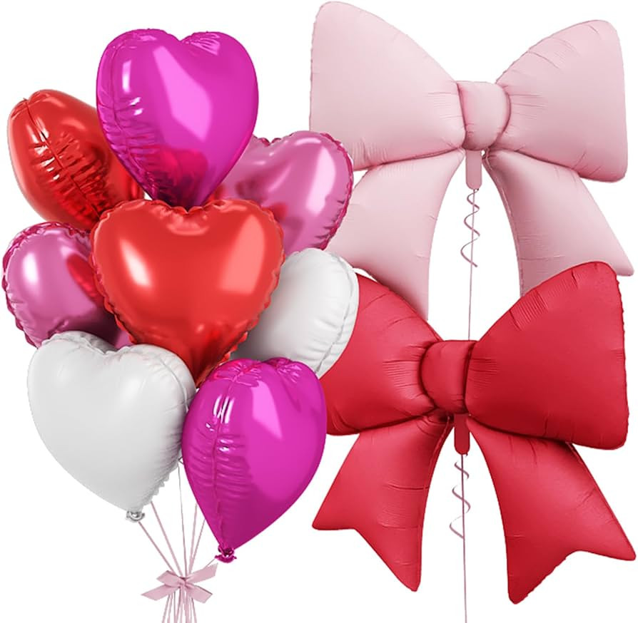 Red Pink Heart Balloons, Pink Bow Balloons, 10Pcs 18 Inch Heart Shaped Balloon and 38 Inch Helium... | Amazon (US)