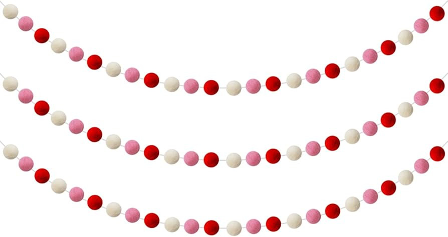 CAVLA 3 Pieces Valentine's Day Felt Ball Garlands Valentines Day Red Pink White Pom Pom Garlands ... | Amazon (US)