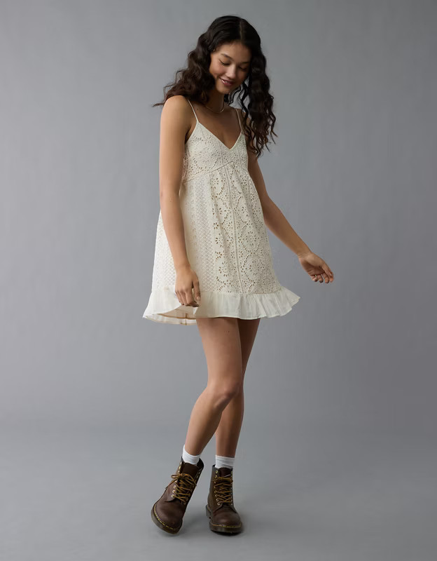 AE V-Neck Eyelet Embroidered Mini Dress | American Eagle Outfitters (US & CA)