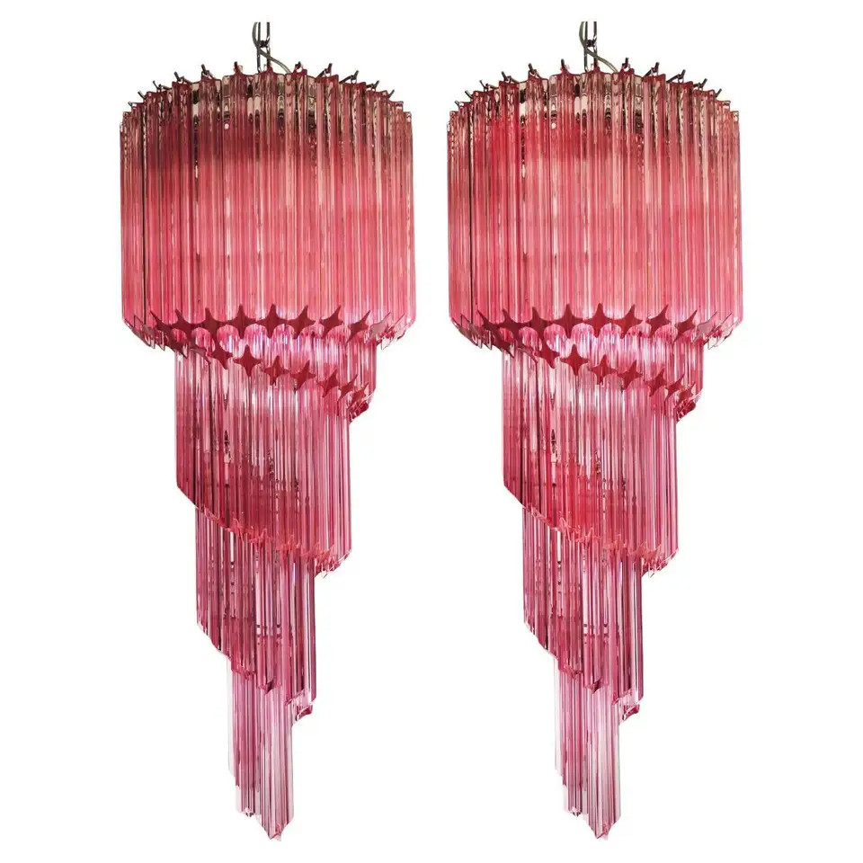 Pair Murano Chandeliers Crystal Pink Prism, Murano | 1stDibs