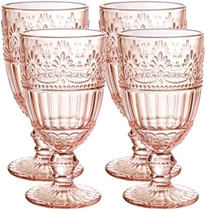 Wine Glasses, Wedding Goblets, Vintage Pattern Embossed, Solid Color Glass Goblets, Set of 4, Pink | Amazon (US)