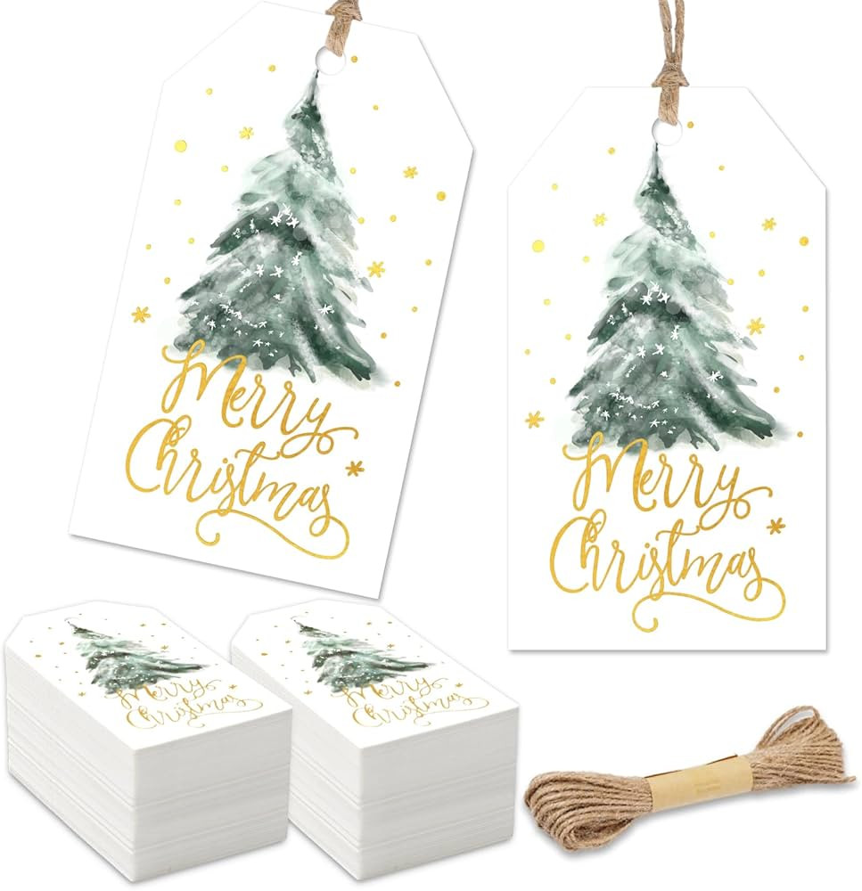 Whaline 100Pcs Merry Christmas Gold Foil Paper Gift Tags Watercolor Pine Tree Blank Hanging Label... | Amazon (US)