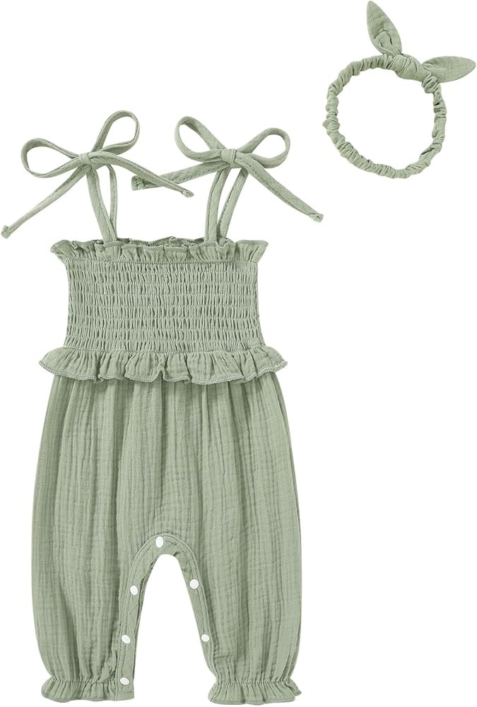 YOUNGER TREE Newborn Baby Girl Clothes Summer Sleeveless Smocked Romper with Headband Toddler Jum... | Amazon (US)