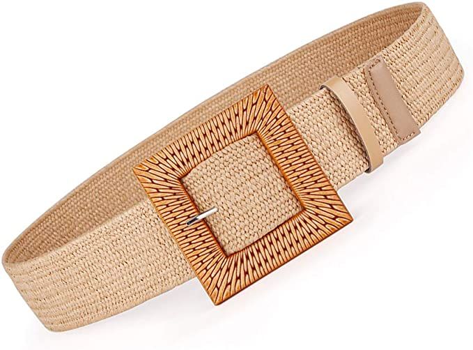 Women Belts For Dresses, Elastic Straw Rattan Waist Band With Wood Buckle | Amazon (US)