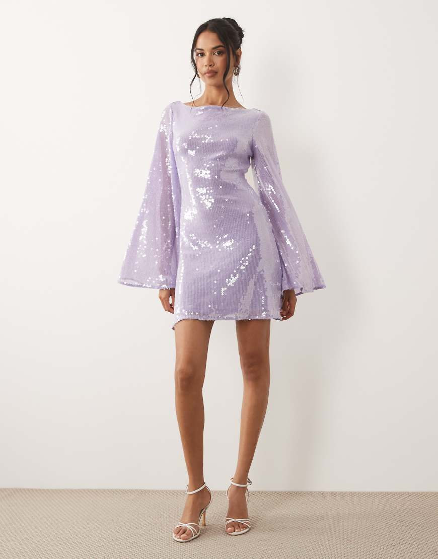 ASOS DESIGN – Pailletten-Minikleid in Flieder mit Wasserfallärmeln-Lila | ASOS (Global)