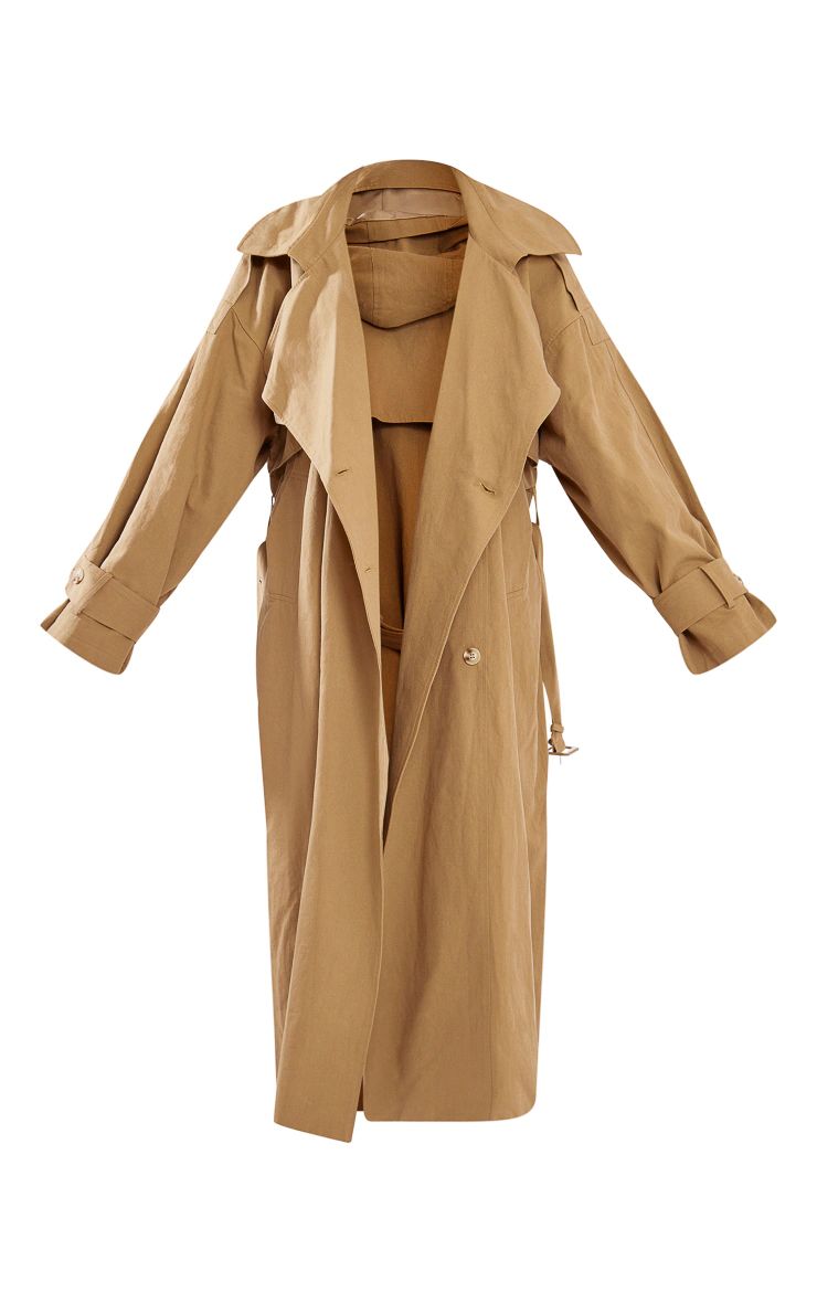 Warm Beige Woven Hooded Oversized Trench Coat | PrettyLittleThing US