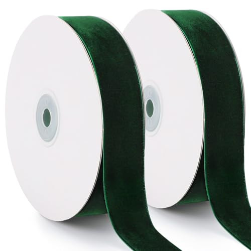Dark Green Velvet Ribbon, 1 Inch x 20 Yards Single Faced Green Ribbon for Gift Wrapping, Bow Making, Christmas Tree Decorations, Wreath Making and DIY Crafts (10 Yards Each Roll) | Amazon (US)