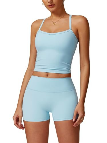 ABOCIW Workout Sets for Women 2 Piece Padded Sports Bra Tank High Waist Booty Gym Shorts Active Wear Yoga Outfits Sky Blue Medium | Amazon (US)