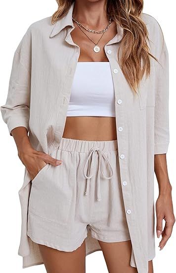 SheIn Women's Two Piece Button Down 3/4 Sleeve High Low Shirt Blouse and Shorts Set | Amazon (US)