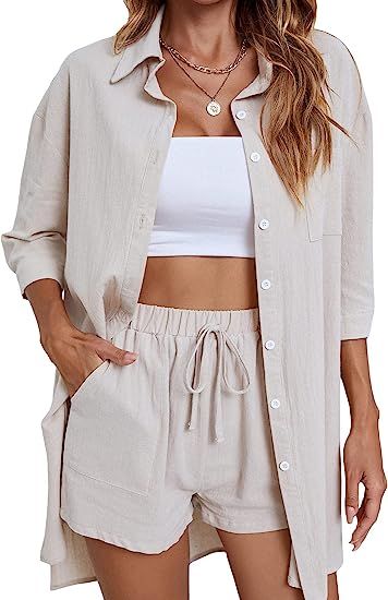 SheIn Women's Two Piece Button Down 3/4 Sleeve High Low Shirt Blouse and Shorts Set | Amazon (US)