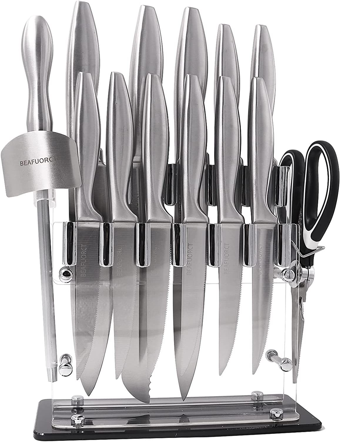 BEAFUORCT Block Knife Sets Stainless Steel With Sharpening 15 piece Acrylic Stand Steak Knives Se... | Amazon (US)