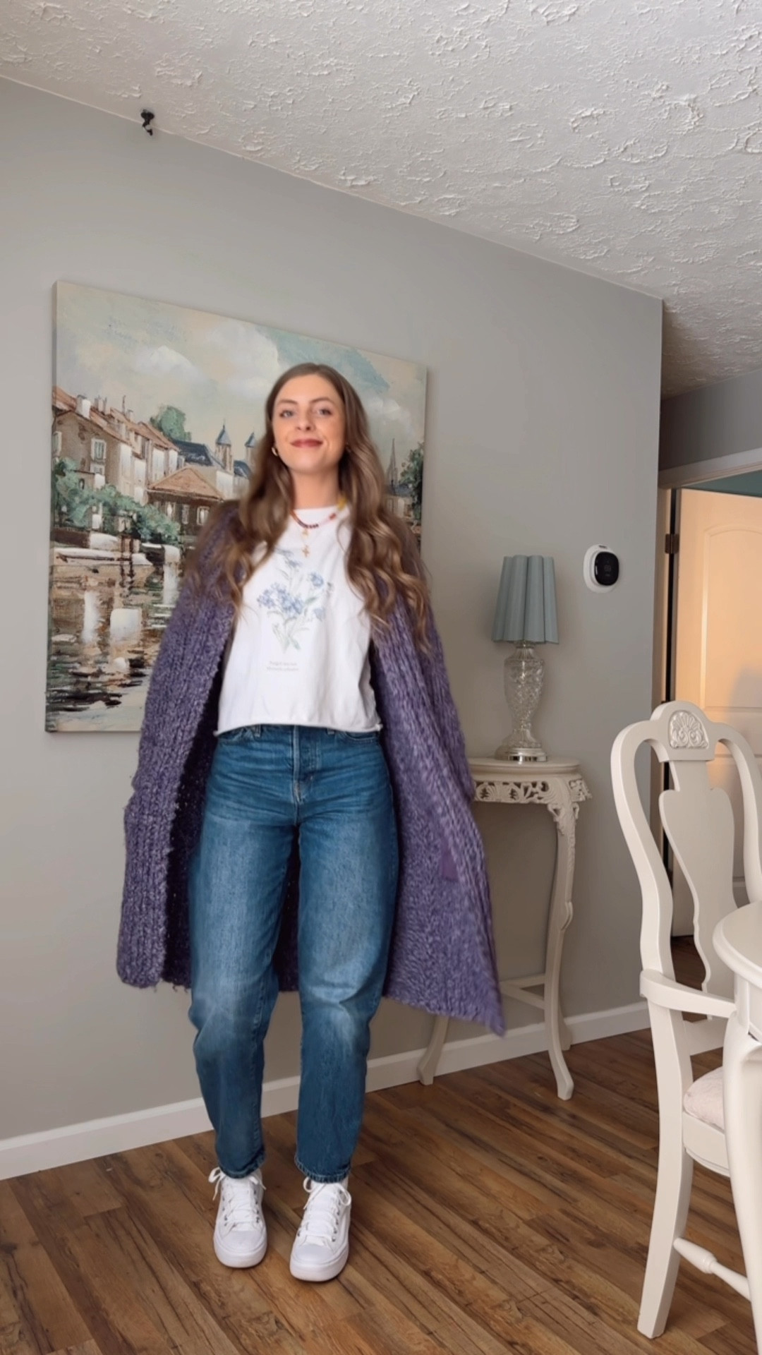 OOTD 2/17/25

Chunky purple knit cardigan sweater, long floor length cardigan, white cropped raw hem t-shirt, flower graphic tee, dark wash jeans, straight leg denim, tall girl friendly jeans, white high top converse sneakers, affordable Amazon jewelry, chunky gold earrings charm necklace, dainty cross necklace, colorful bead initial necklace 

#LTKFindsUnder100 #LTKStyleTip #LTKSaleAlert