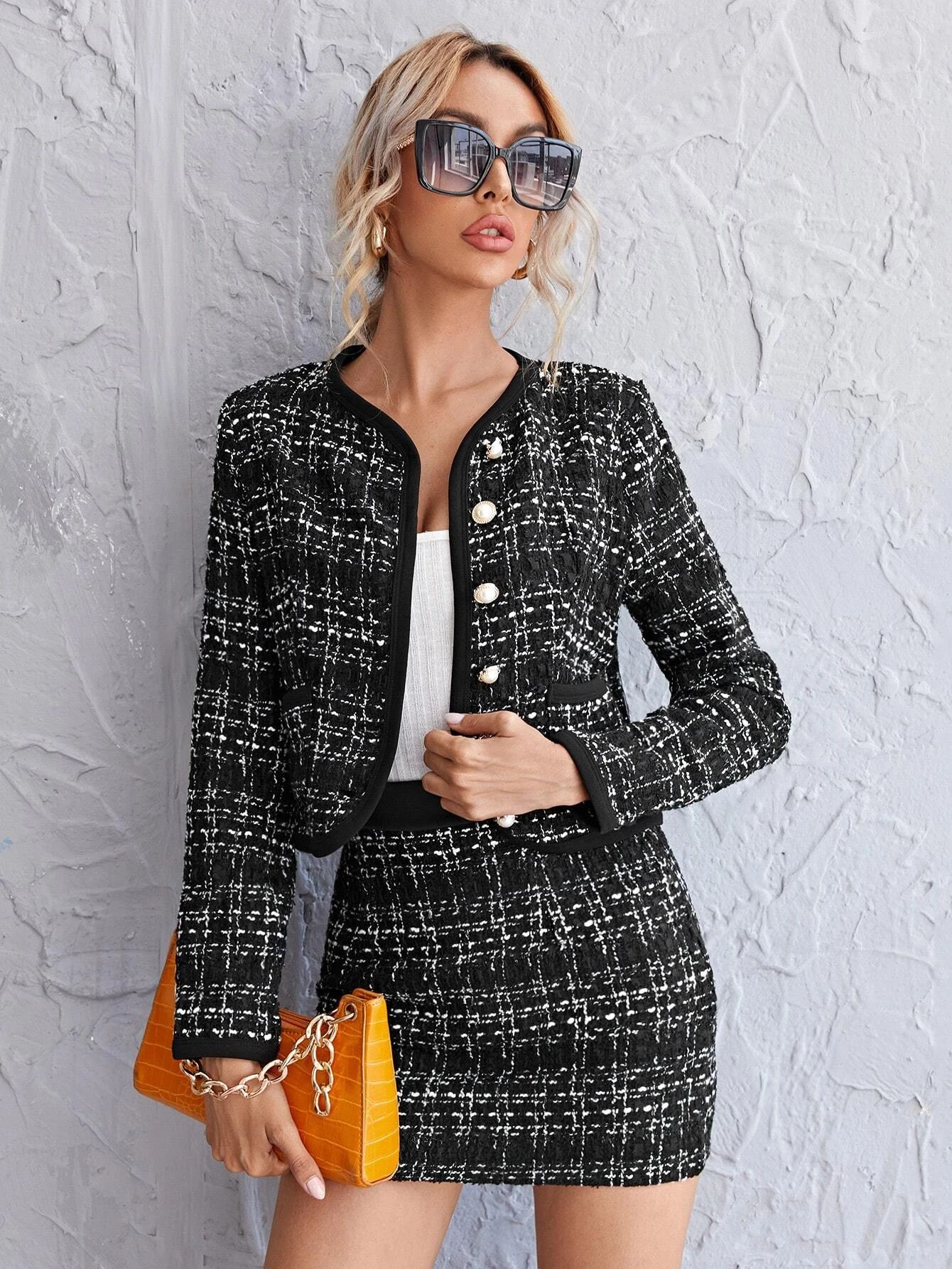 Single Breasted Plaid Tweed Jacket & Skirt Set | SHEIN