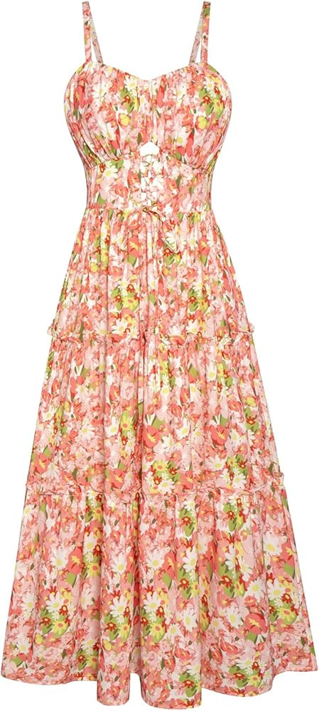 GRACE KARIN Women's Summer Floral Dress 2026 Boho Spaghetti Strap Smocked Tiered Casual Maxi Long... | Amazon (US)