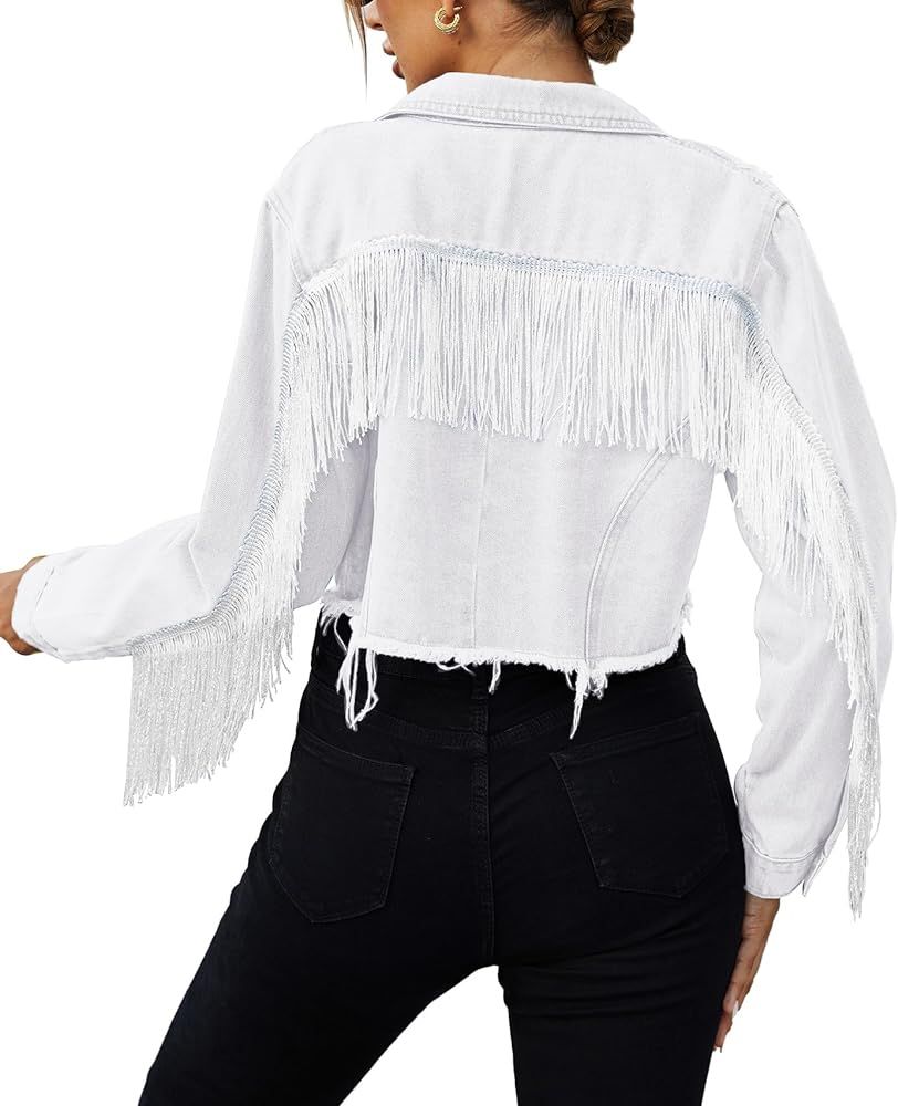 Zeagoo Women's Fringe Jacket Tassel Cropped Denim Jacket Raw Hem Ripped Crop Jean Jackets | Amazon (US)