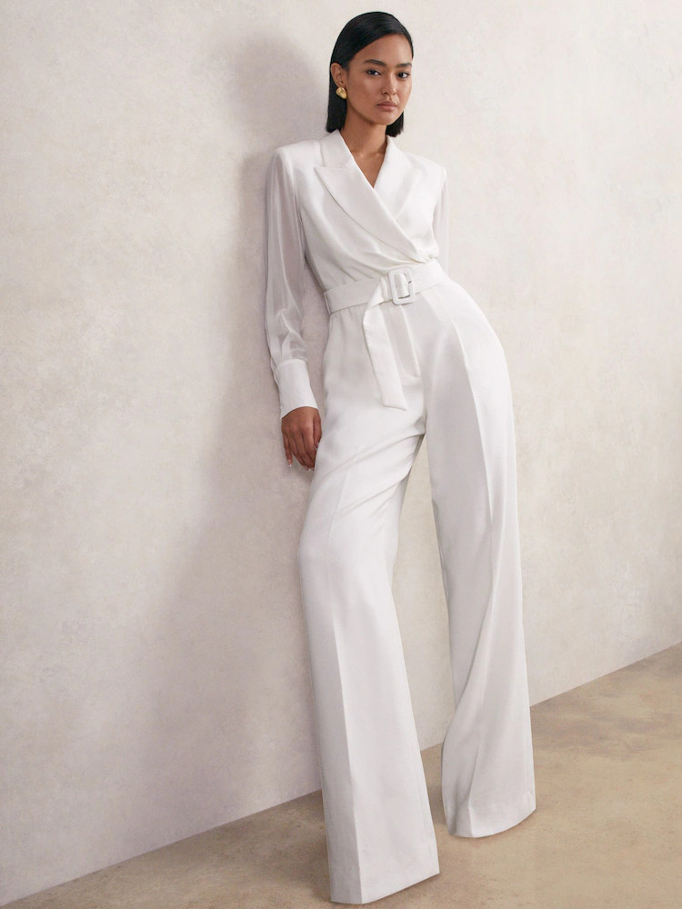 Reiss Ivory Flora Sheer-Sleeve Wide-Leg Tuxedo Jumpsuit | Next US