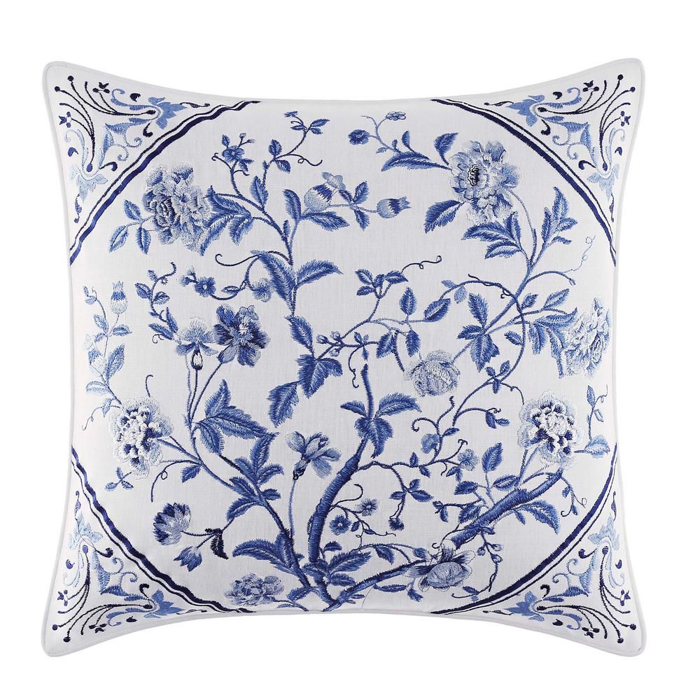 Laura Ashley Charlotte Blue Multicolored Floral Cotton Blend 16 in. x 16 in. Throw Pillow | The Home Depot