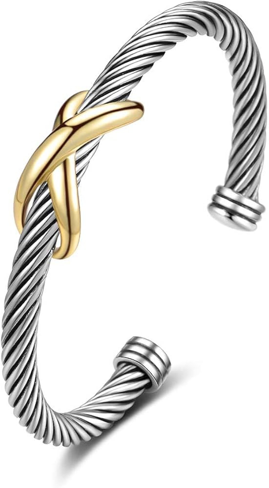 TAYASE Women's Cable Bracelet Two Tone Twisted Rope Bangle, Designer Inspired Adjustable Cuff Sta... | Amazon (US)