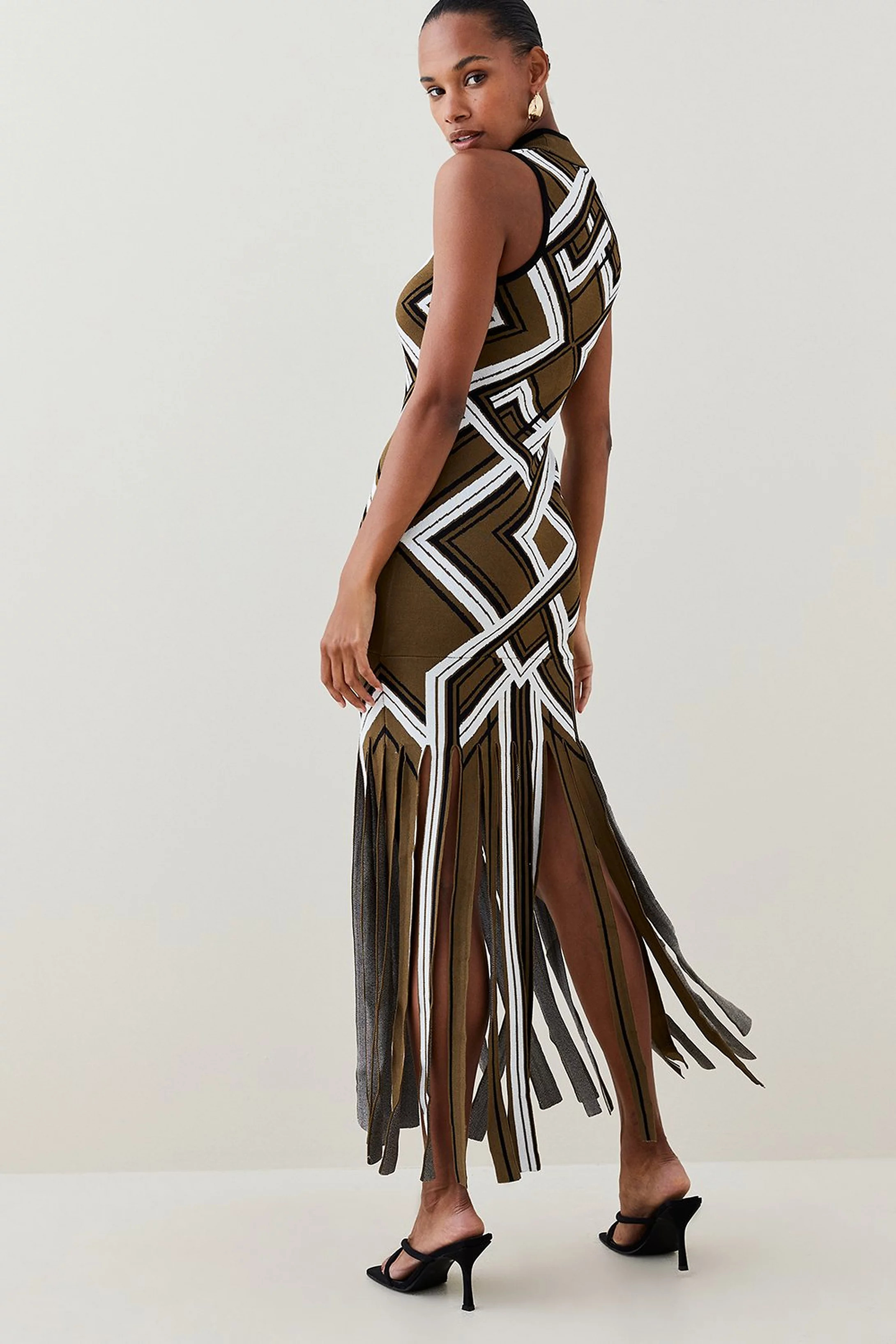 Sliced Hem Placement Stripe Knit Jacquard Maxi Dress | Karen Millen US