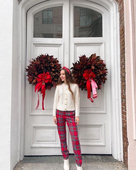 Christmas outfit. Gold button cardigan. Bedazzled knot headband. Tartan pants. Holiday outfit  

#LTKHoliday #LTKSeasonal