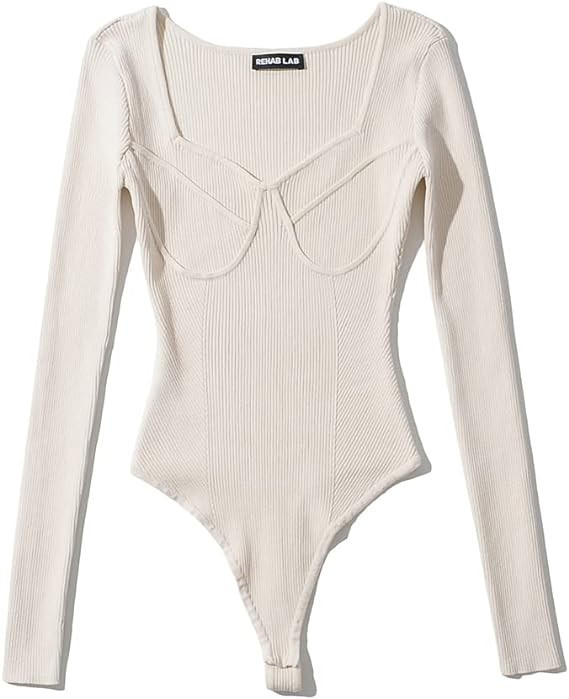 efvandoloe Sexy Square Collar Elastic Slim Bodysuits Women Long Sleeve Bright Line Knitted Jumpsu... | Amazon (US)