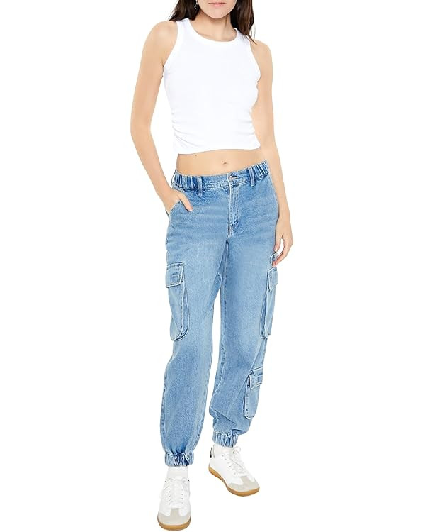Forever 21 Womens Mid-Rise Denim Cargo Joggers | Amazon (US)