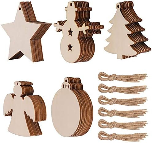50 Pcs Unfinished Paintable Blank Wooden Christmas Festival Decoration Ornaments, Xmas Tree Hangi... | Amazon (US)