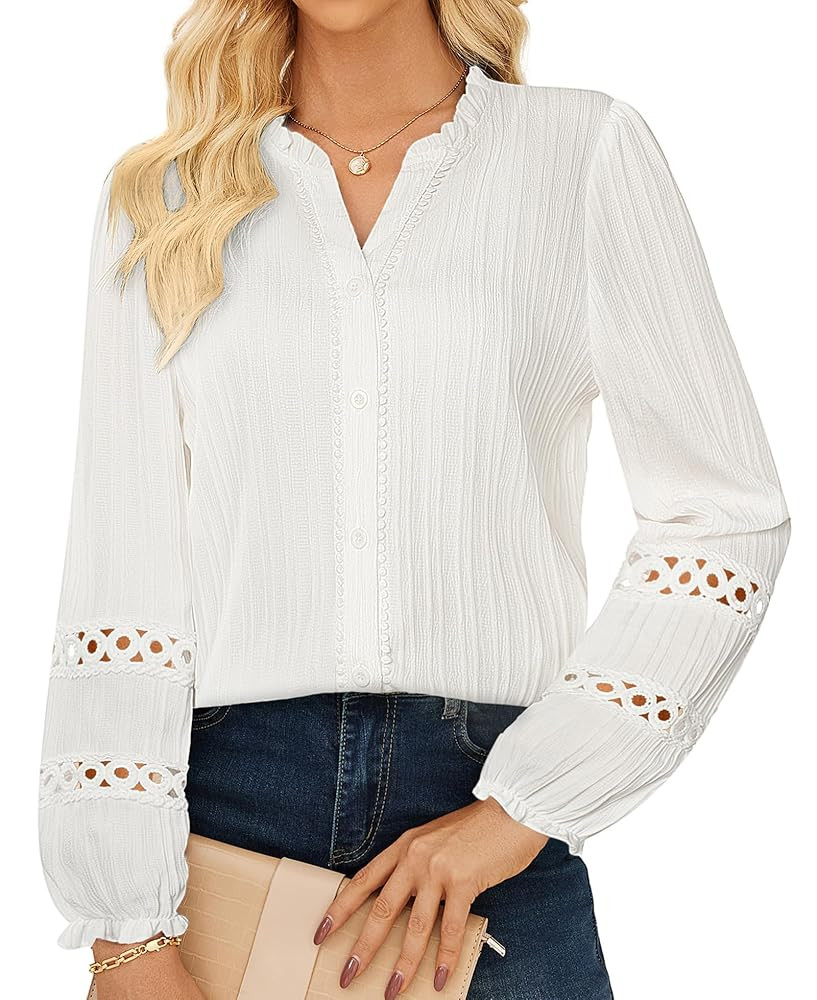 GRACE KARIN Women Dressy Casual Tops Long Sleeve Button Down Ruffle V Neck Blouse Business Work S... | Amazon (US)