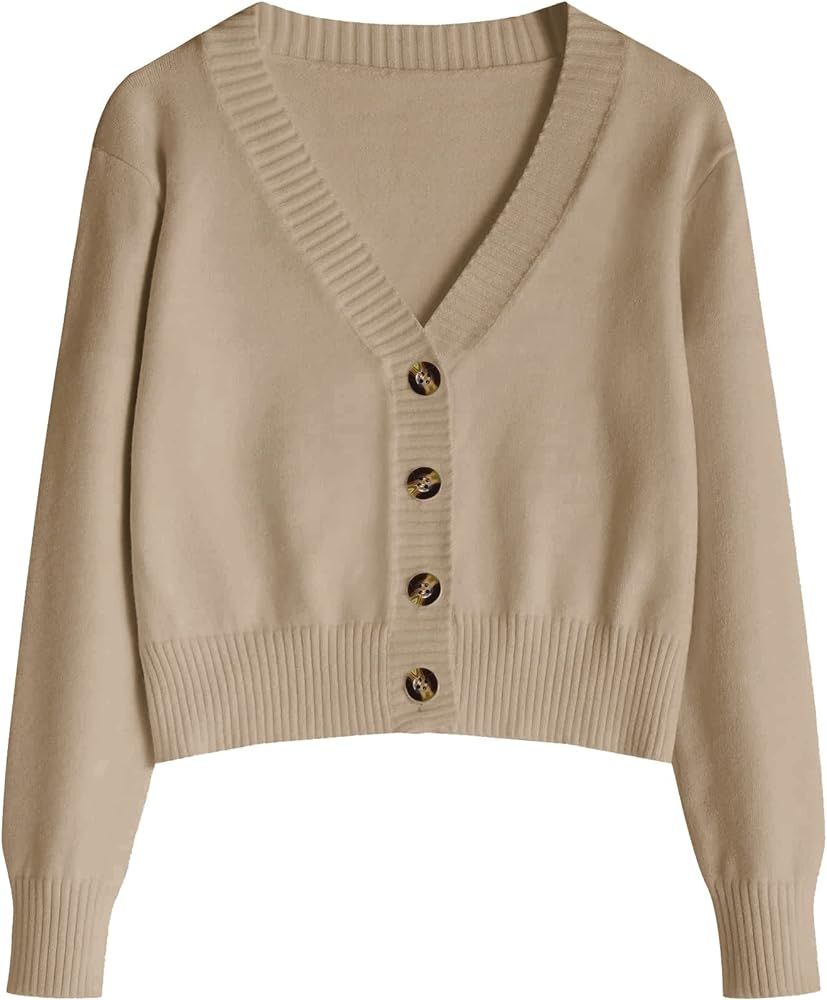 ZAFUL Women's Ribbed Knit Trim Button Down Crop Cardigan V Neck Long Sleeve Cropped Sweaters | Amazon (US)