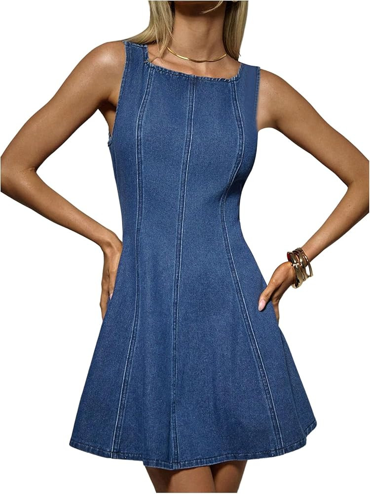 Floerns Women's Summer Denim Dress Sleeveless Square Neck Flare Cute A Line Dresses | Amazon (US)