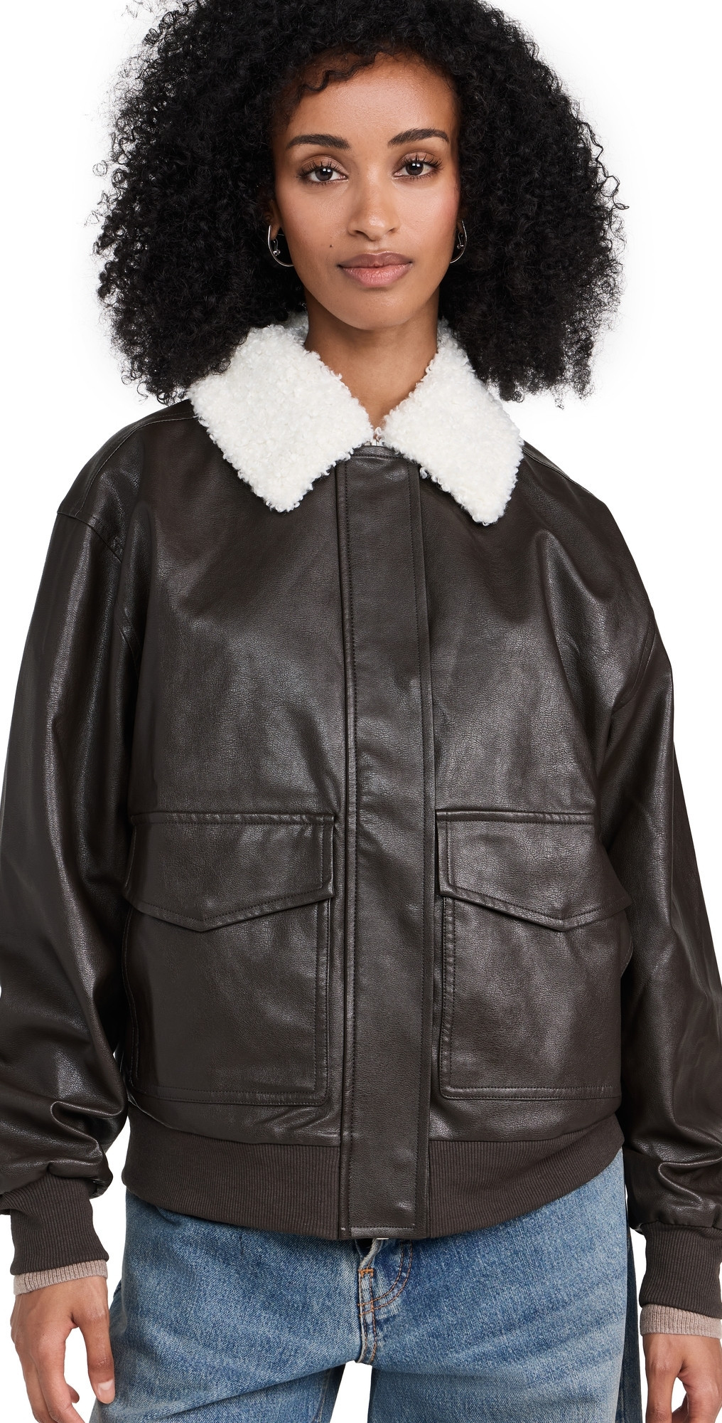 WAYF Bomber Jacket with Removable Shearling Collar Espresso XL | Shopbop