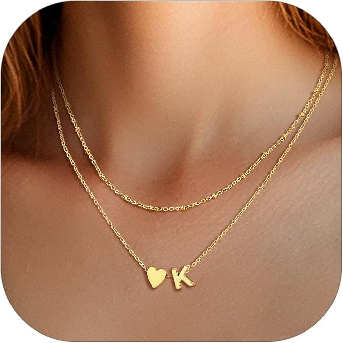 Suplight Gold/Silver Heart Initial Necklaces for Women, 14K Gold Plated Letter A-Z Layered Neckla... | Amazon (US)