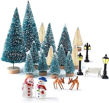 KUUQA Mini Assorted Pine Trees Bottle Brush Trees with Snowmen, Reindeer, Mini Garden Wooden Benc... | Amazon (US)