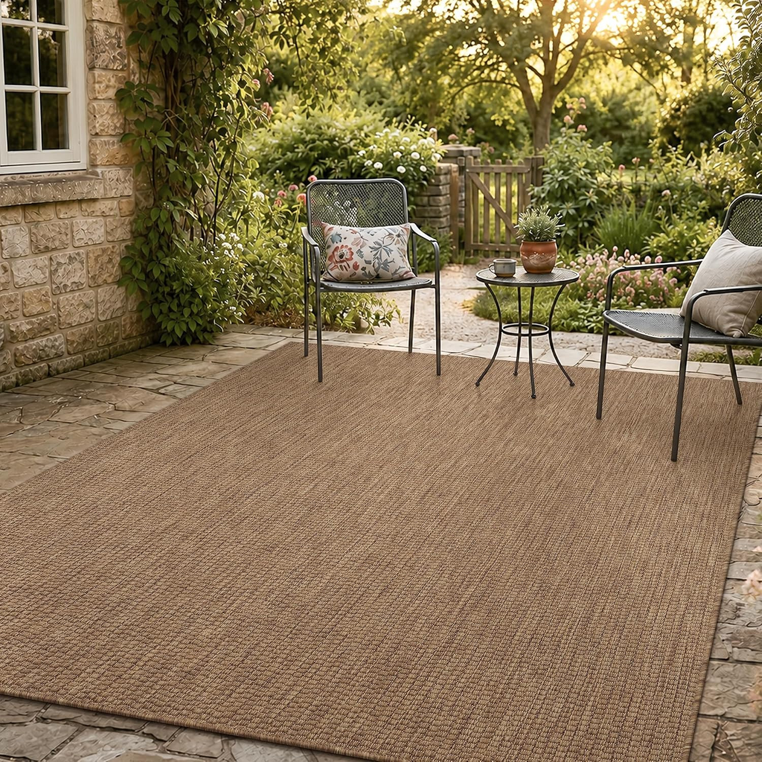 PADOOR-Outdoor Rug-Patio Rug 5x7 ft Polypropylene Indoor Outdoor Rugs Outdoor Carpet for Patio Deck Balcony Porch, Textured Weave, Durable for High Traffic, Fade-Resistant, Modern Neutral Brown | Amazon (US)