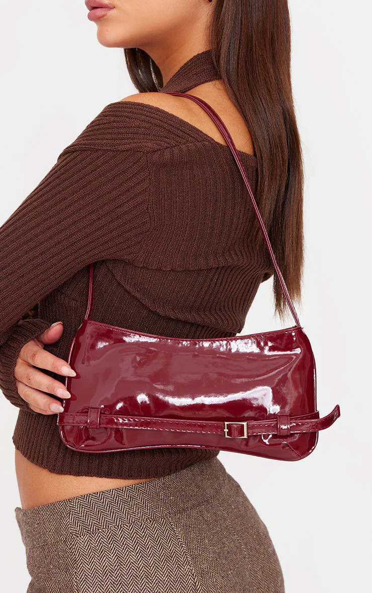 Burgundy Patent Pu Buckle Baguette Shoulder Bag | PrettyLittleThing US