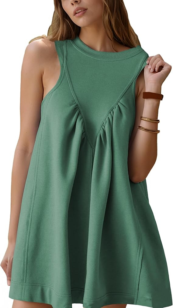 Women's 2025 Summer Sleeveless Pleated Mini Dress Casual Sundress with Pockets Crew Neck Beach Dr... | Amazon (US)