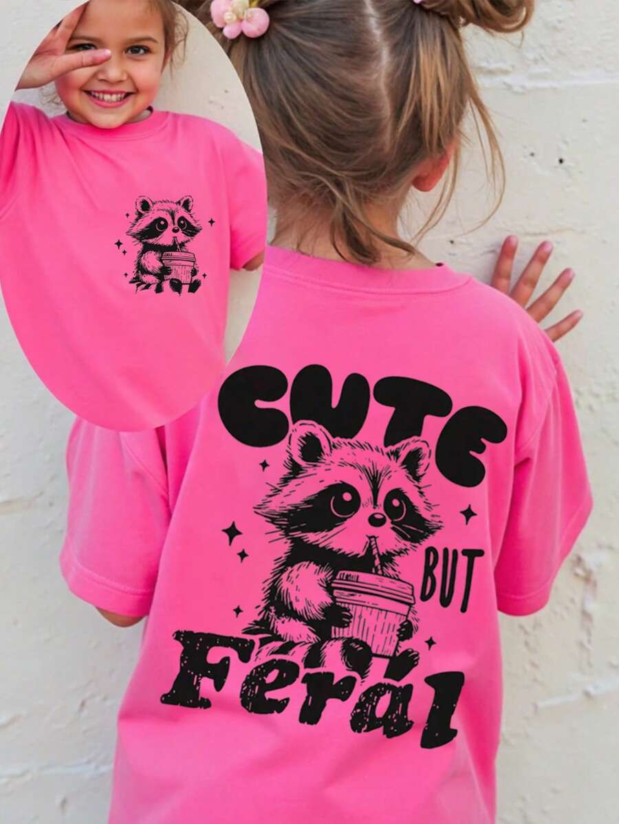 SHEIN Young Girls Summer Casual Fashion Comfy Minimalist Cute But Feral Raccoon Print Short Sleev... | SHEIN