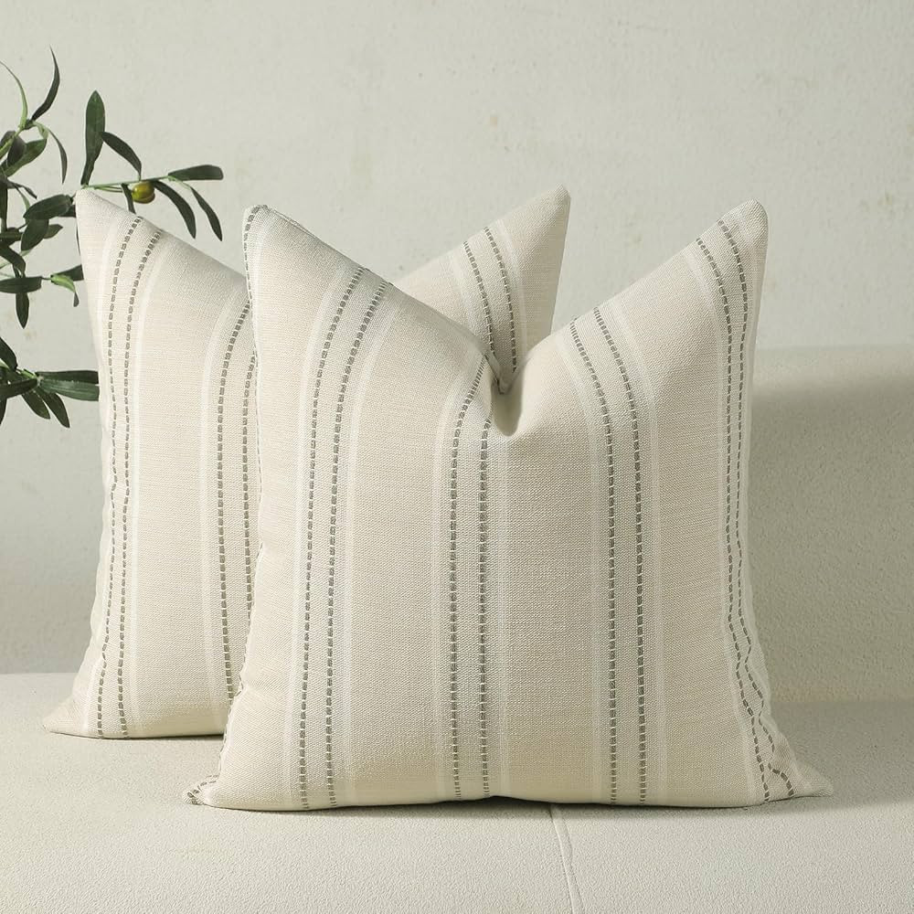 Hckot Decorative Pillow Covers 18x18 Striped Throw Pillows Textured Linen Pillow Covers Farmhouse... | Amazon (US)
