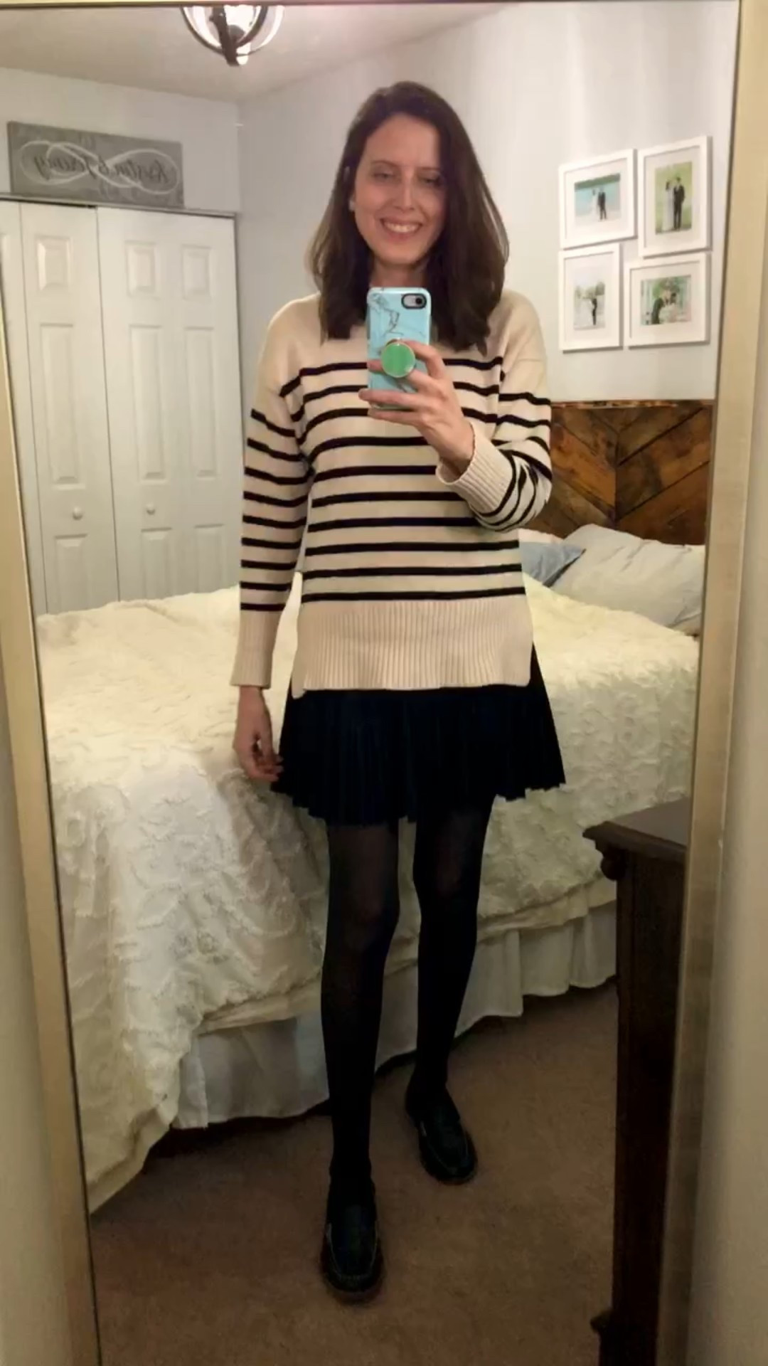 Stripe sweater fleece lined tights pleated skirt and leather loafers 

#LTKFindsUnder50 #LTKSeasonal #LTKFindsUnder100