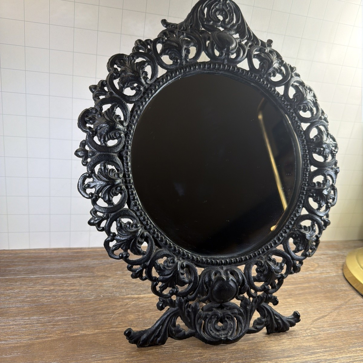 Antique Black Cast Iron Easel Mirror / Frame Round Freestanding Vintage 14x11 | eBay US