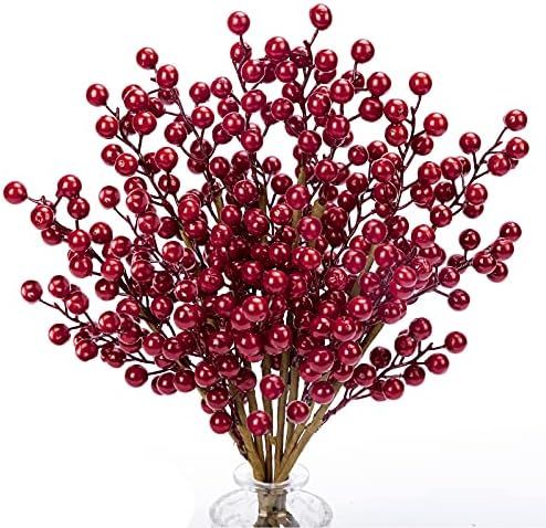 HOHOTIME 8 Pcs Artificial Red Berry Stems Faux,13.5 inch Burgundy Red Berry Picks Holly Berries Bran | Amazon (US)