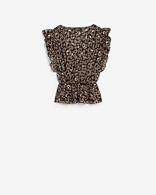 Metallic Leopard Print Ruffle Sleeve Peplum Tank | Express