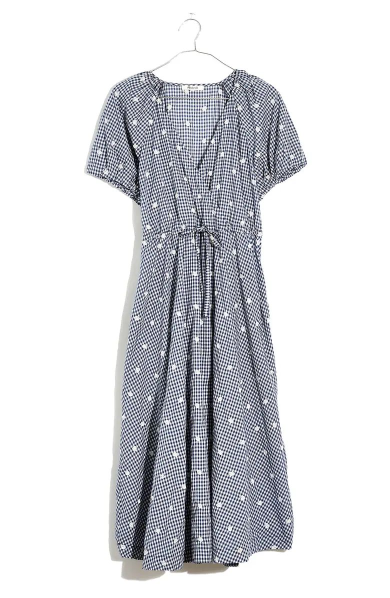 Madewell Embroidered Gingham Faux Wrap Tie Waist Midi Dress | Nordstrom | Nordstrom
