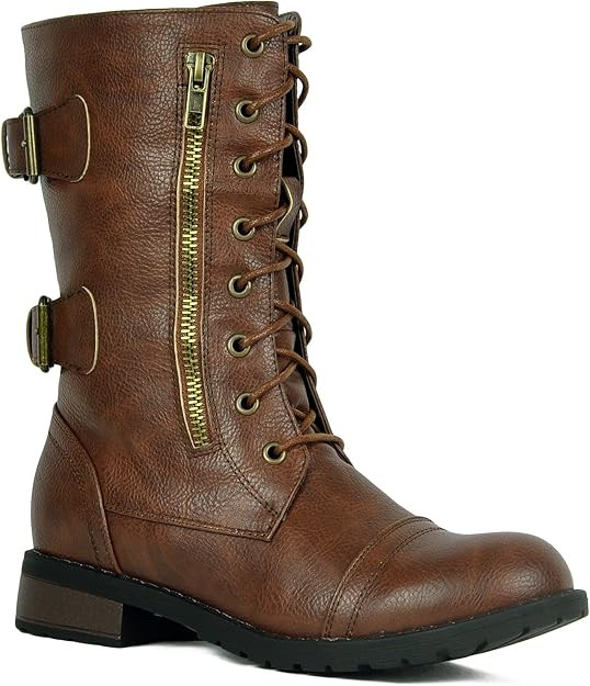 WestCoast Women's Mid-Calf Riding Combat Boots Military Buckle Strap Low Heel Lace Up Boots | Amazon (US)