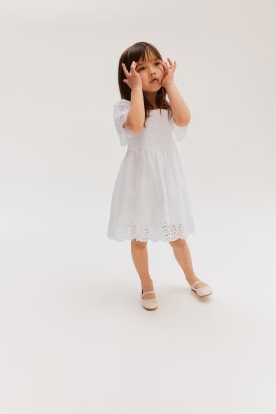 Cotton Dress with Eyelet Embroidery - Square Neckline - Short sleeve - White - Kids | H&M US | H&M (US + CA)