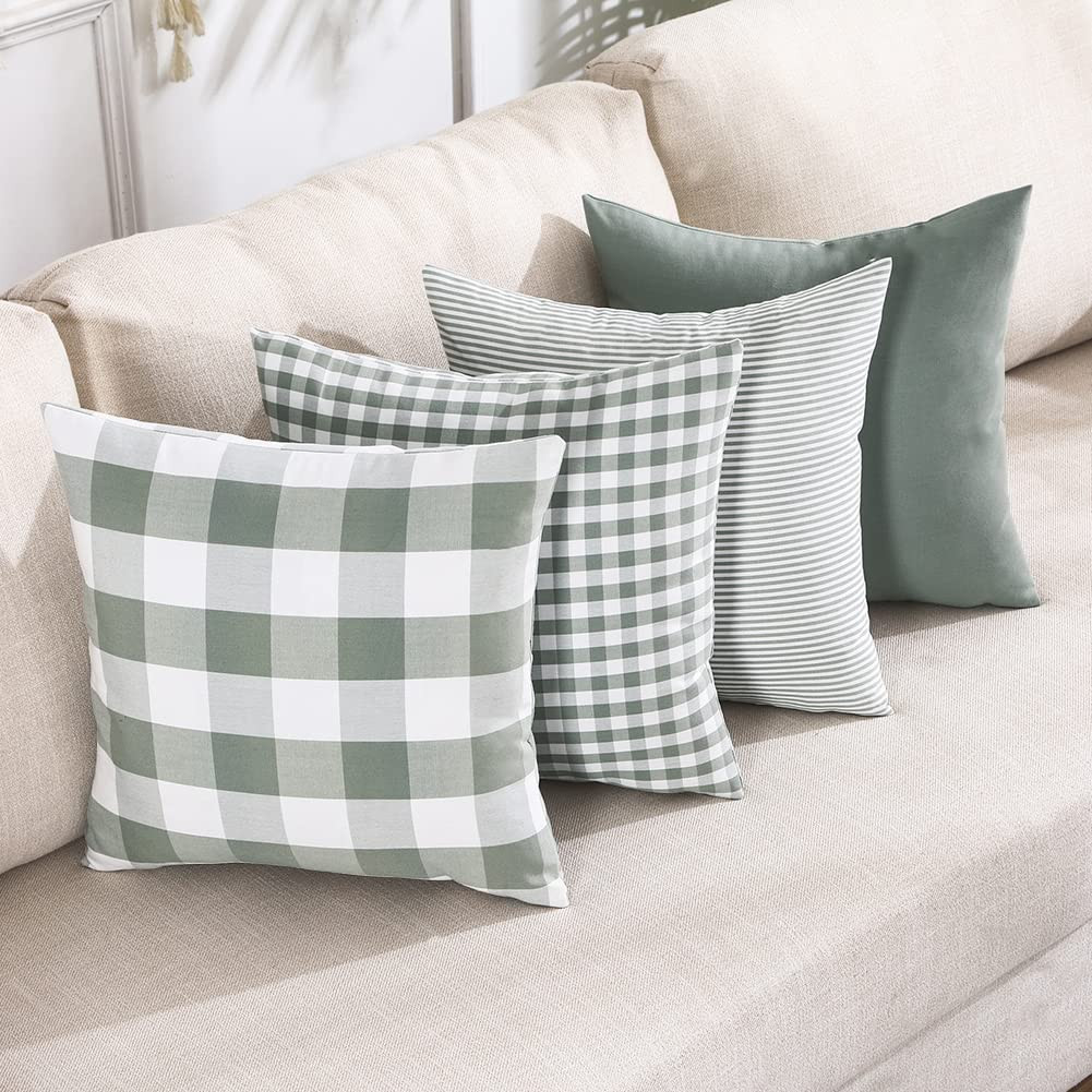 CARRIE HOME Green Plaid 20x20 Throw Pillow Covers Set of 4, Farmhouse Throw Pillows Light Green C... | Amazon (US)