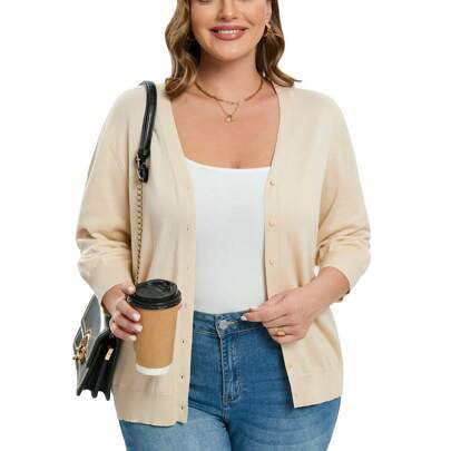 Women's Plus Size Cardigan Open Front Oversized Button Lightweight Sweaters V Neck Loose 3/4 Sleeve Cardigans Knit Outwear | SHEIN