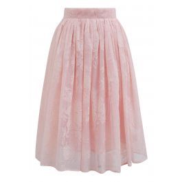 Velvet Rose Texture Organza Midi Skirt in Pink | Chicwish