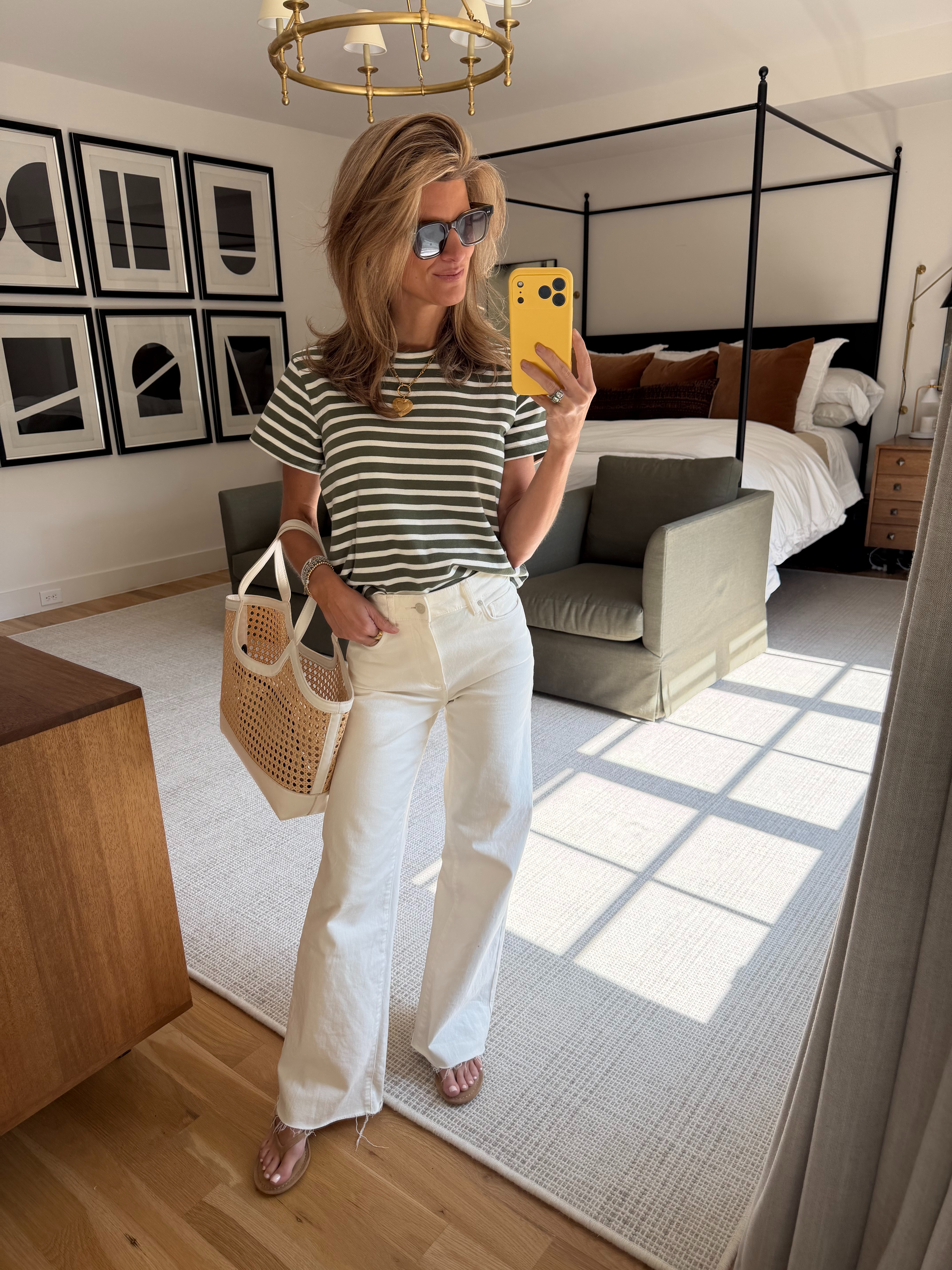 Current favorite jeans the Paige Anessa (TTS) and tuckernuck striped tee (XS). Target wicker tote and kitten heels 

 