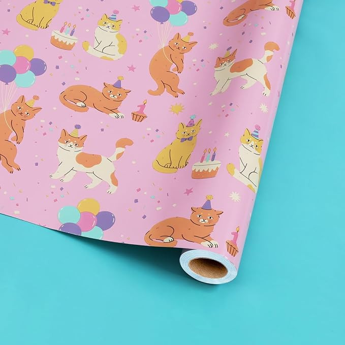 LaRibbons Cat Wrapping paper, 17 Inch X 33 Feet Reversible Birthday Wrapping Paper, Pink Cute Cat... | Amazon (US)